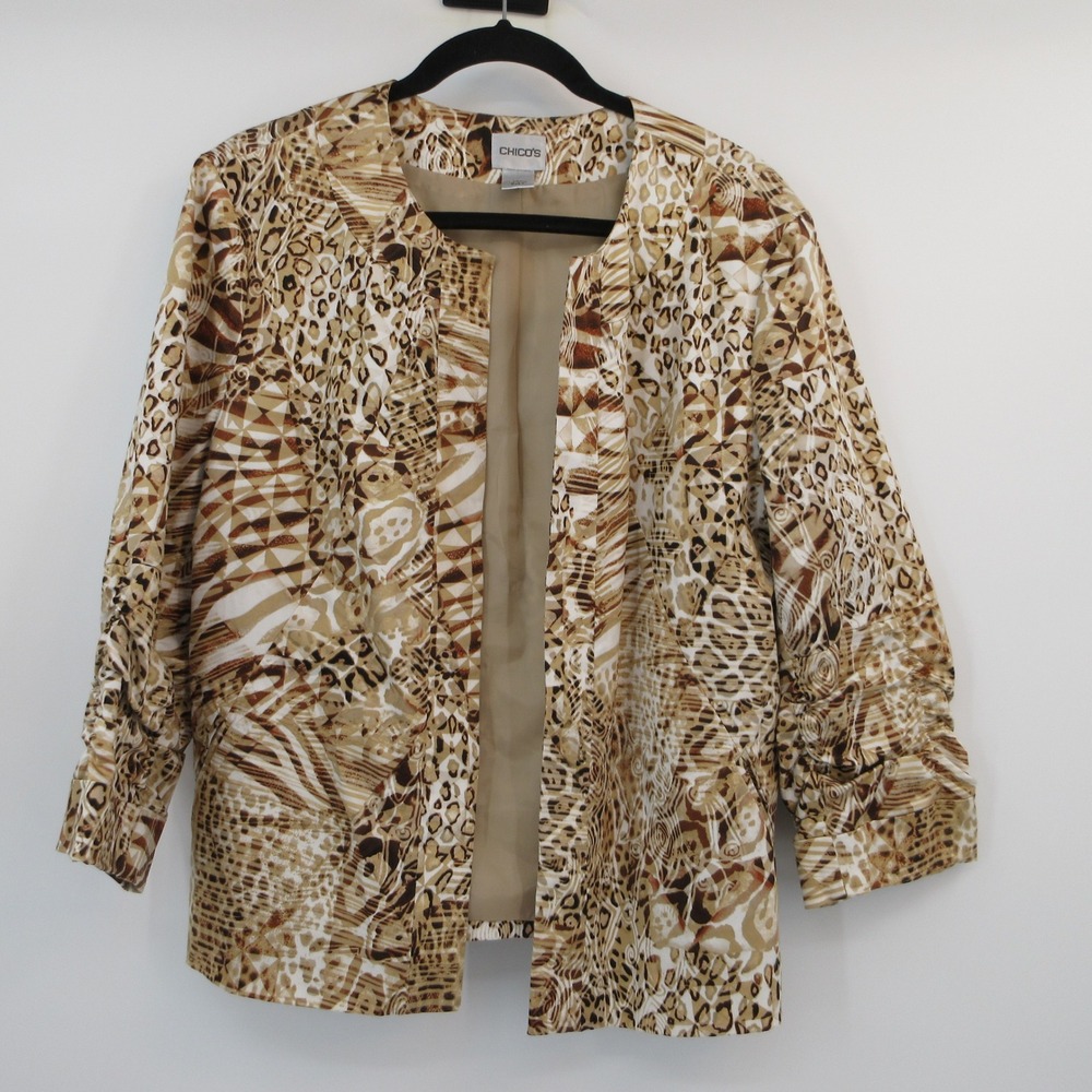 Chicos Women Brown Tan Animal Geometric Print Open Front Ruched Sleeve Blazer Lg